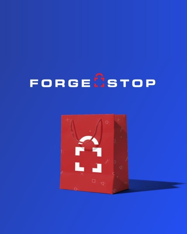 Logotipo da ForgeStop e uma sacola vermelha com cadeado, sobre azul