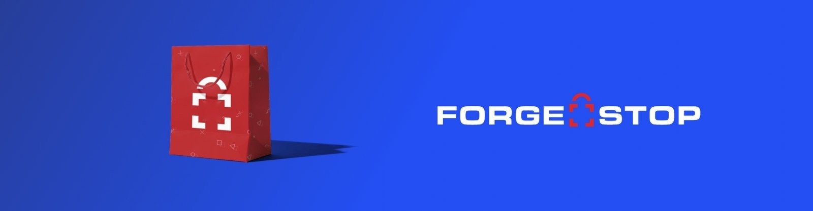 Logotipo da ForgeStop e uma sacola vermelha com cadeado, sobre azul