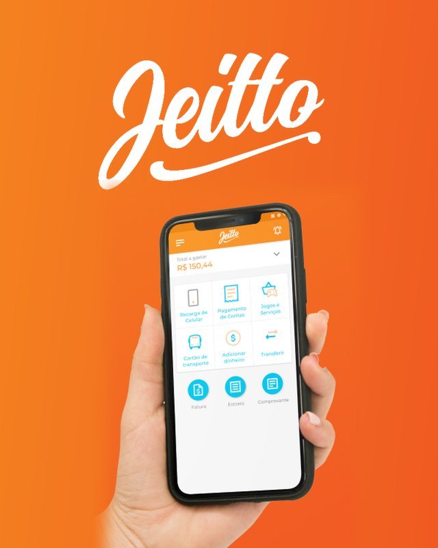 Logotipo manuscrito da Jeitto e a home do app no celular, sobre laranja