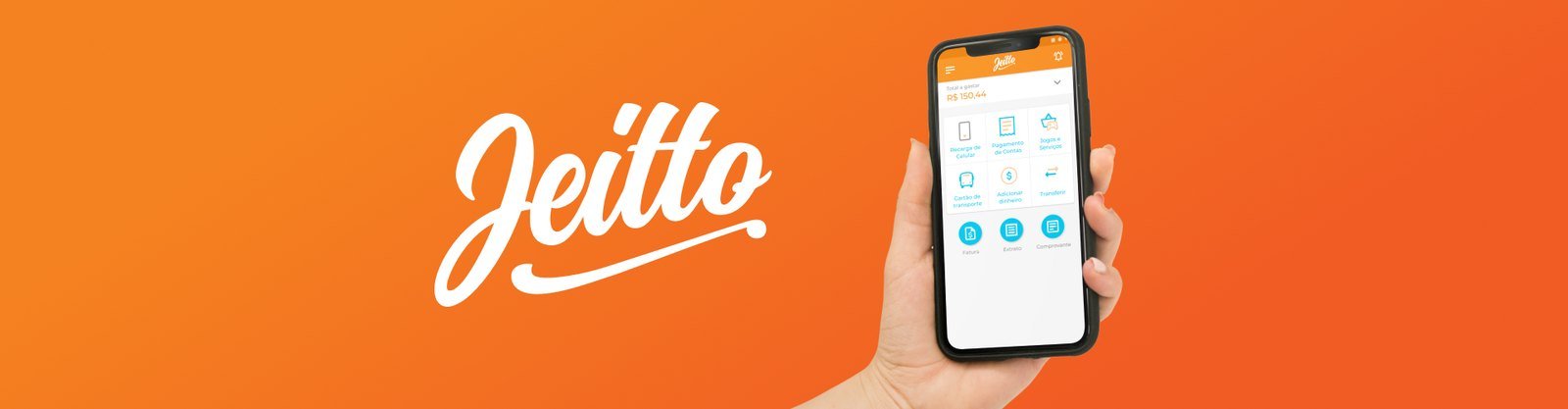 Logotipo manuscrito da Jeitto e a home do app no celular, sobre laranja