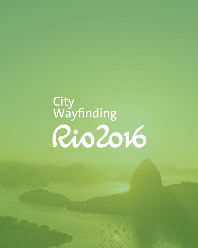 Capa do projeto de sinalização urbana Rio 2016 sobre paisagem verde do Pão de Açúcar