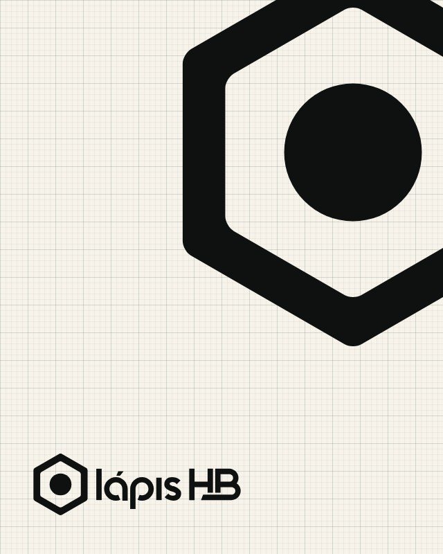 Logo da Lápis HB e o hexágono da ponta do lápis em grafite, sobre papel milimetrado creme