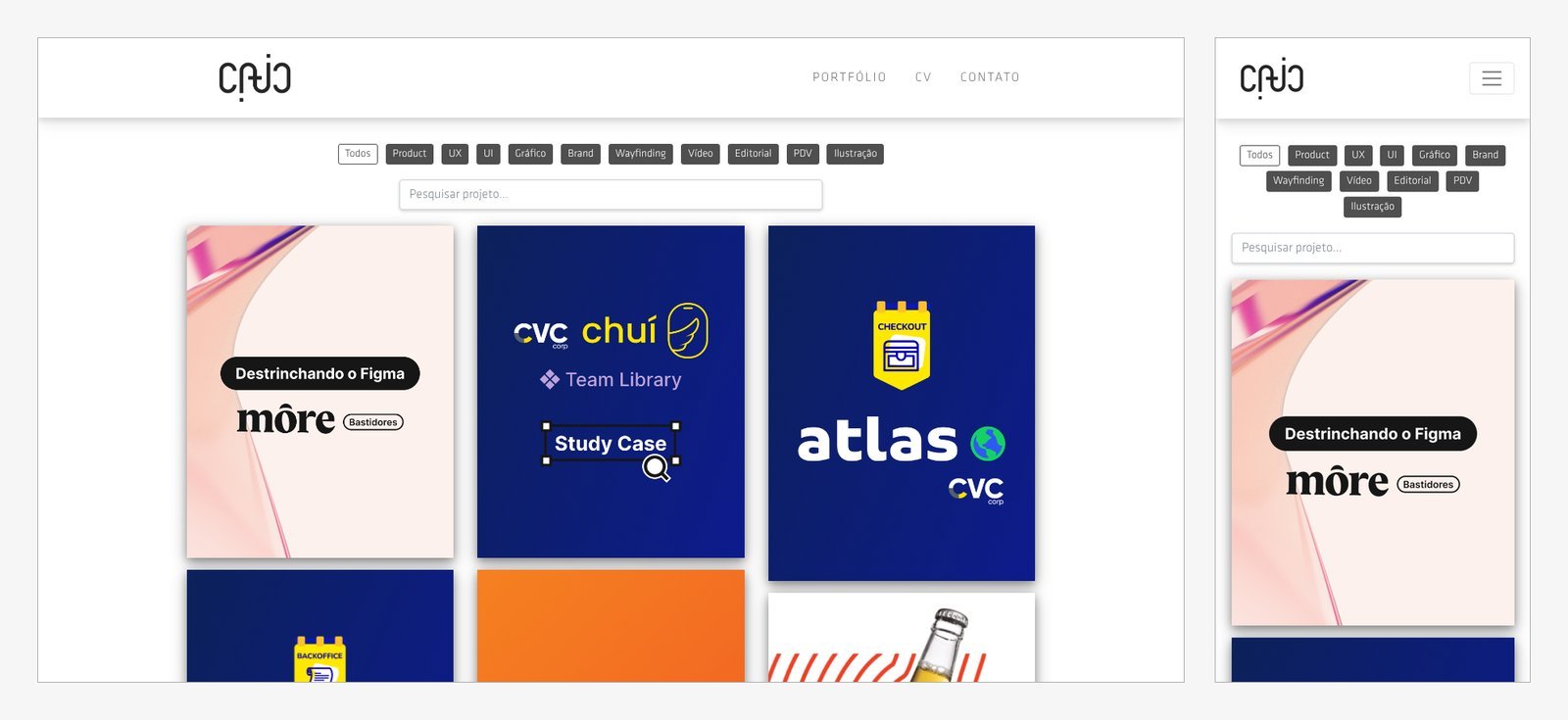 Início do site antigo no desktop e no celular: logo Caio, botões de filtro cinza e um mural de capas de projetos