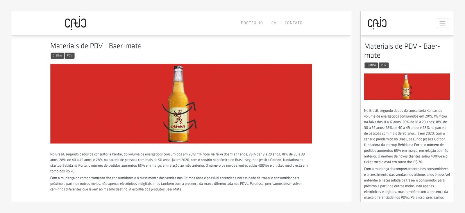 Página de projeto do site antigo no desktop e no celular: título Materiais de PDV - Baer-mate, faixa vermelha com a garrafa e texto corrido